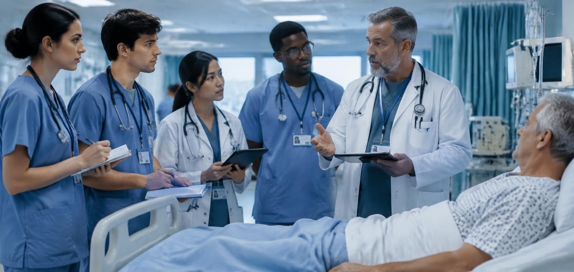 Doctors and medical interns during teaching rounds in a hospital ward