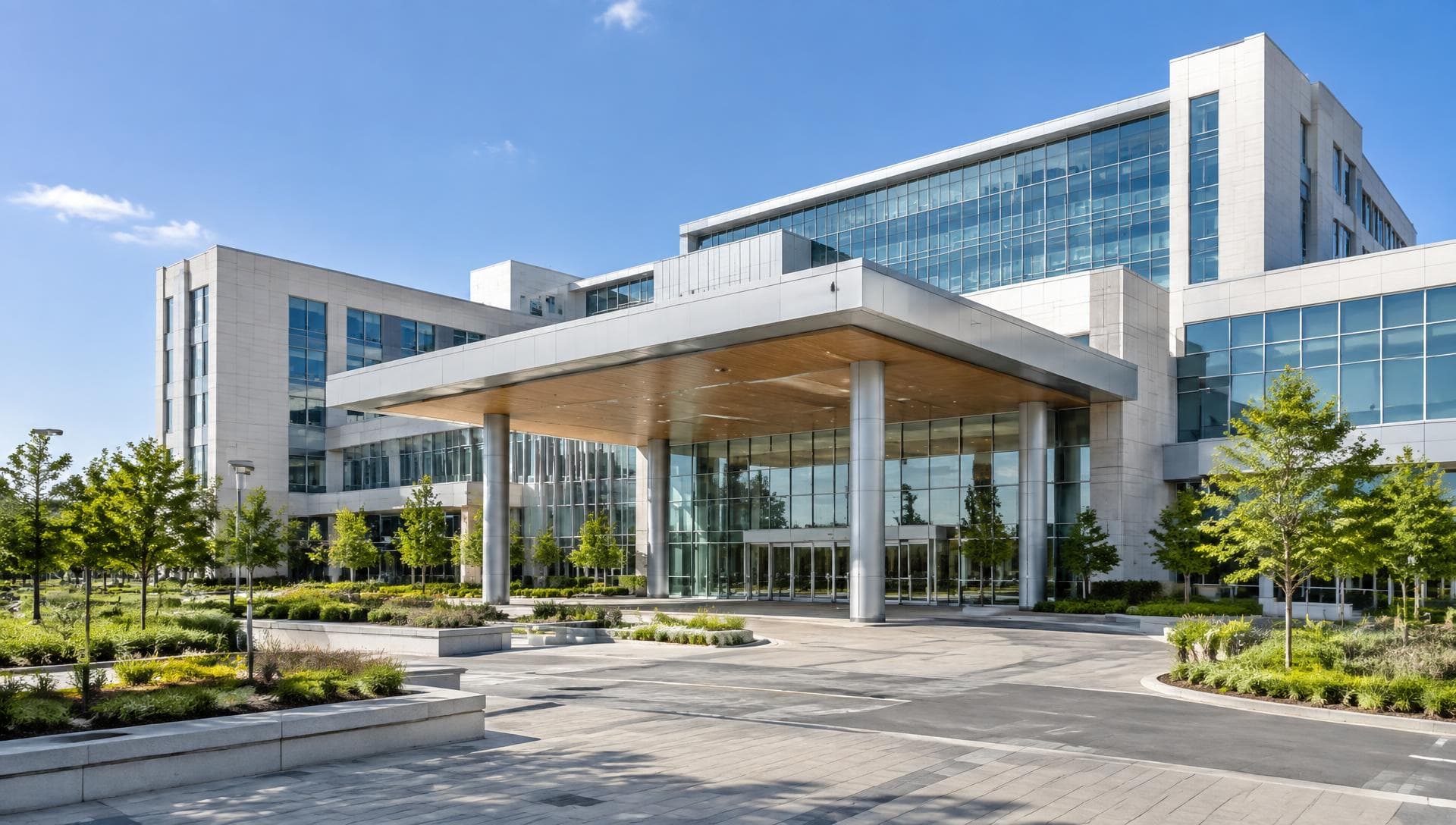 Modern medical college and teaching hospital campus entrance