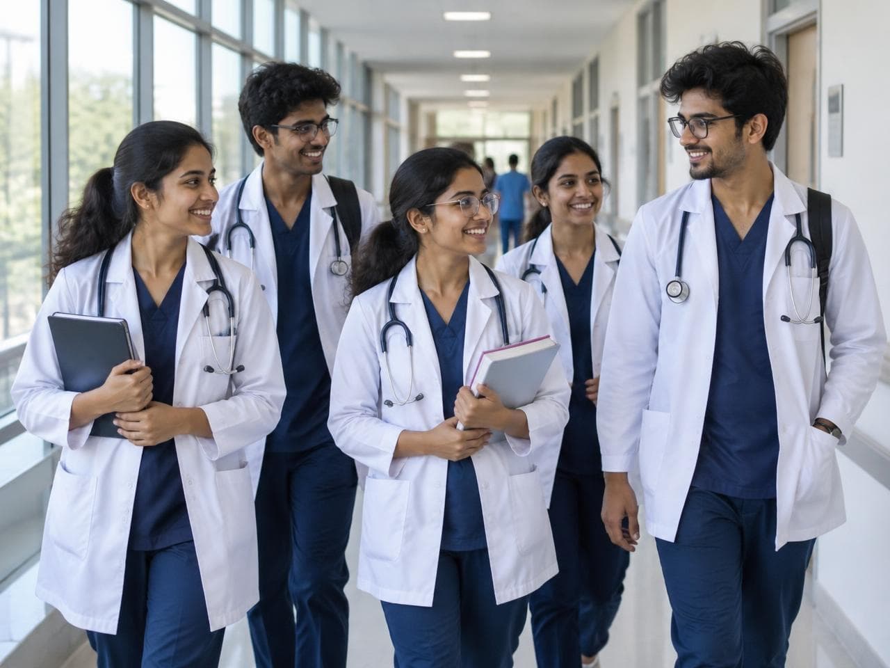Medical students in white coats walking through a hospital corridor